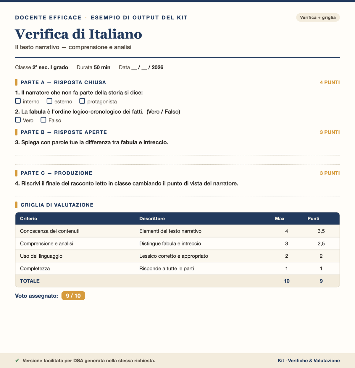 Verifica di italiano con griglia